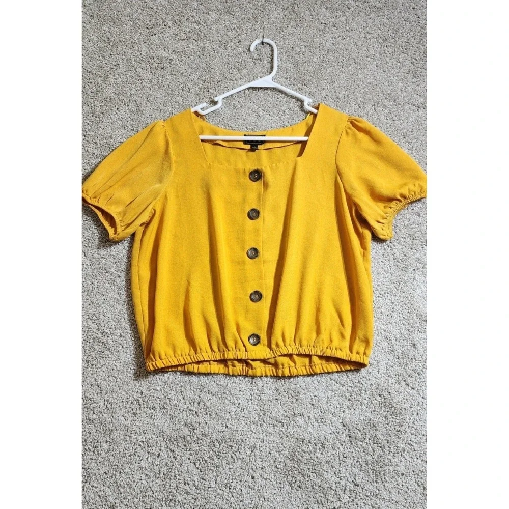 OLM Golden Yellow Milkmaid Style Cropped Blouse Cottagecore Puff Sleeve Top Lrg - Picture 2 of 9